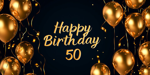 50 Years - Happy Birthday lettering with golden confetti on black background	
