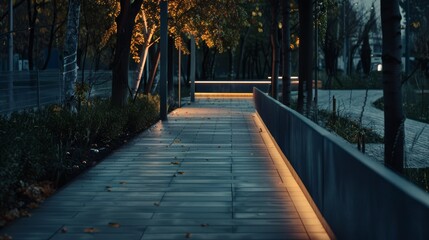 Fototapeta premium A serene pathway, illuminated by warm street lights, winds through a quiet park, lined with trees shedding their autumn leaves.