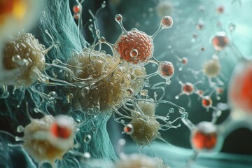 Obraz premium A visually captivating exploration of virus structures, showcasing intricate details and dynamic connections, reminiscent of biological science and innovation breakthroughs.