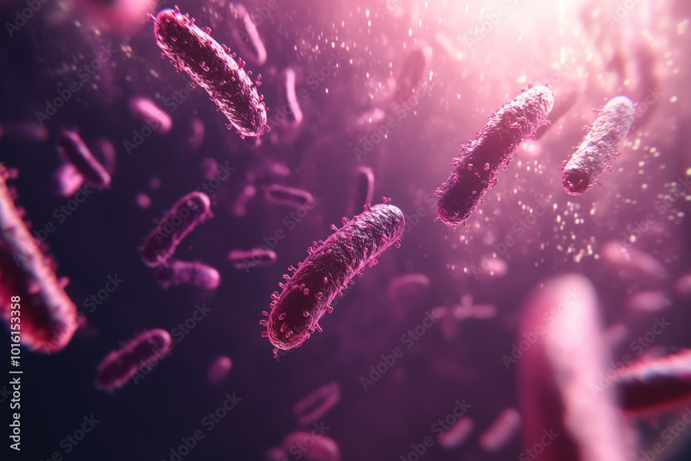 Poster This striking image captures a vibrant microscopic scene filled with pink bacteria, highlighting their unique forms and dynamic arrangement in a captivating visual display.