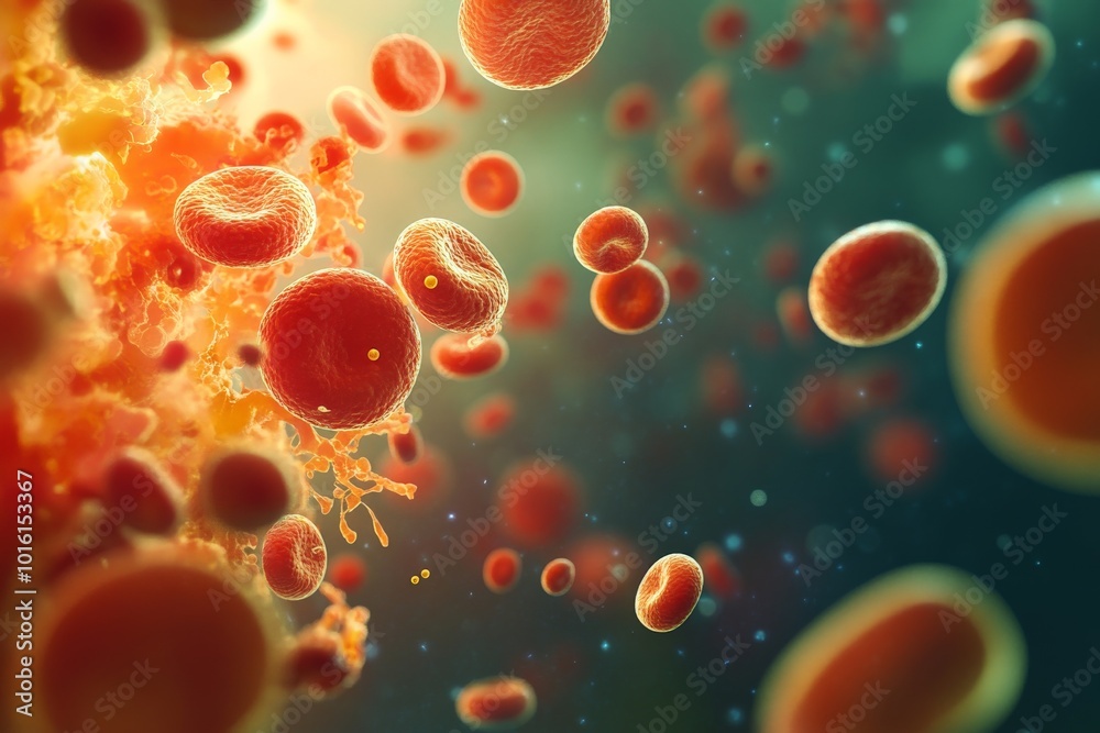 Poster This image showcases a dynamic, close-up view of vibrant red blood cells flowing through a stream, emphasizing the intricate details and vibrant colors of the cells.
