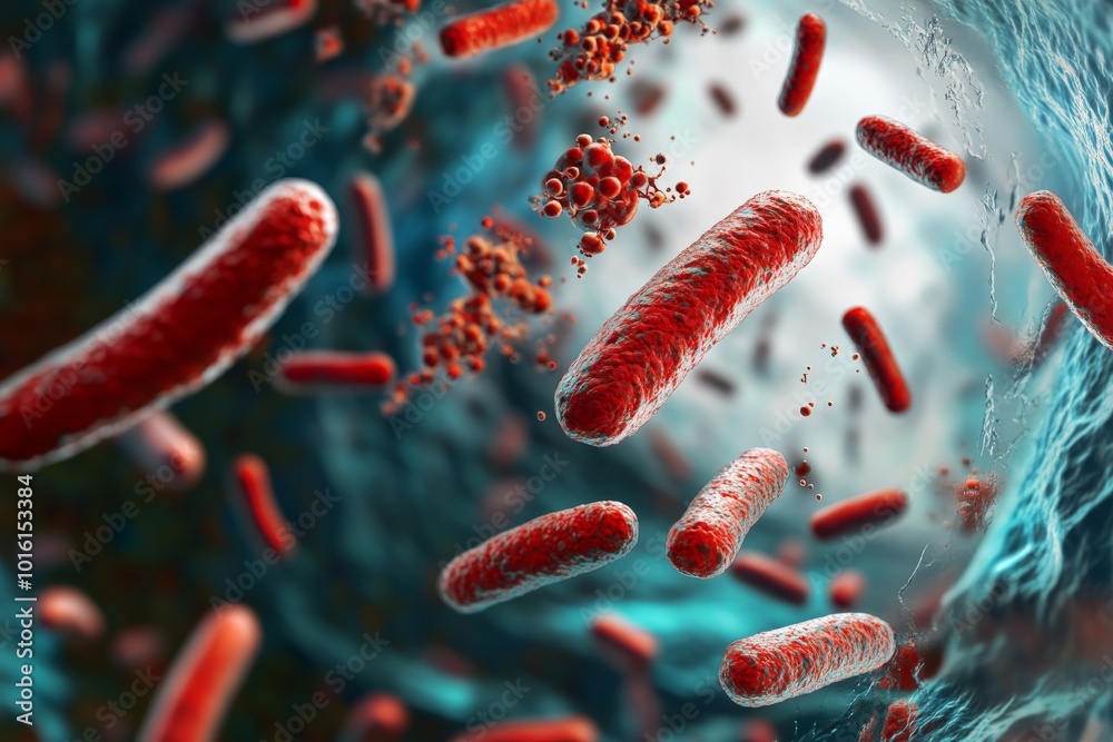 Poster bacteria showcased amidst a detailed, microscopic whirlwind setting, emphasizing their rod-like stru