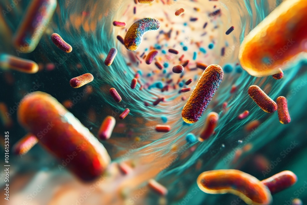 Aufkleber This image showcases colorful bacteria in a swirling motion within a vibrant environment, capturing their intricate patterns and dynamic movement in vivid detail.