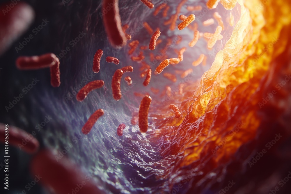 Poster This abstract image presents swirling bacteria depicted in vibrant hues, showcasing a dynamic and energetic interaction within a motion-filled microscopic perspective.