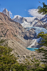 Fototapeta premium Glaciar Piedras Blancas and Laguna Piedras Blancas in Los Glaciares National Park, Patagonia, Argentina, where the glacier descends into the turquoise waters, framed by rugged peaks and forests.