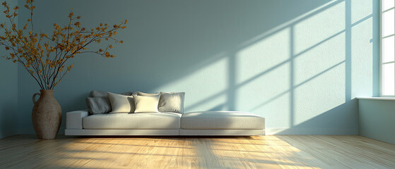 minimalist living room featuring light blue wall, modern sofa with cushions, and decorative vase with branches. sunlight casts beautiful shadows, creating serene atmosphere