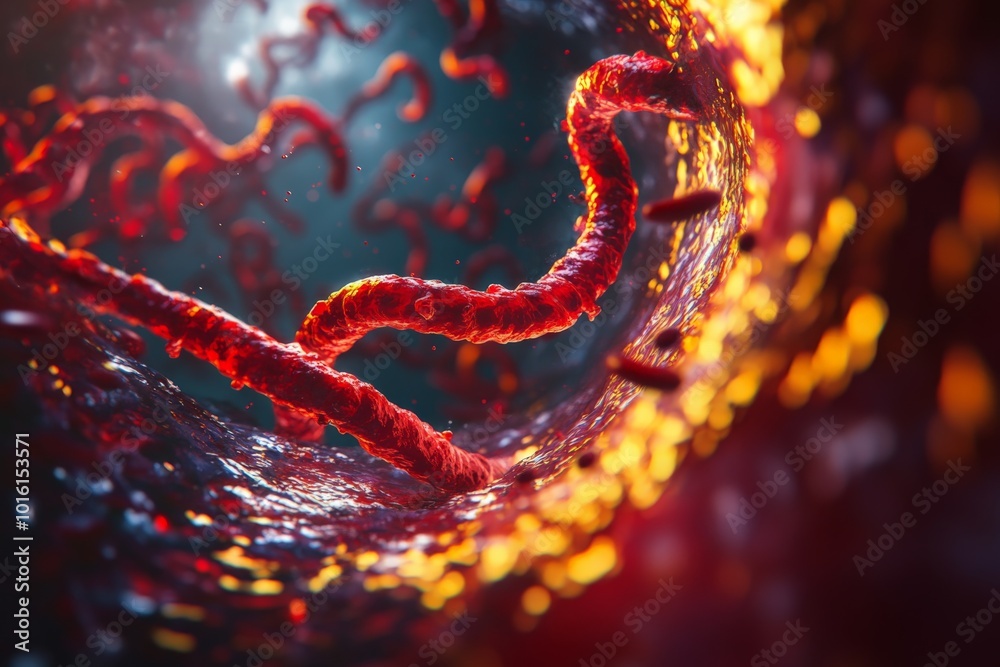 Poster dynamic, abstract depiction of intertwined red tendrils swirling within a vibrant, illuminated vorte