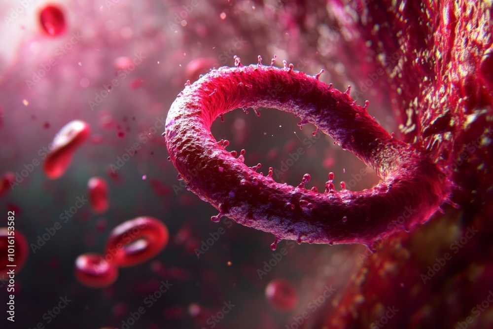 Poster An abstract representation of a textured, circular red object suspended among flowing elements, conveying a sense of energy and biological complexity.