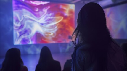 A person observes swirling pink and purple patterns on a large screen, evoking the wonder and creativity of digital artistry.