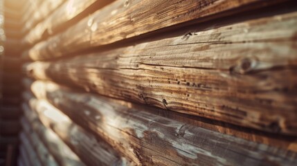 Fototapeta premium Warm sunlight filters through the slats, casting gentle shadows on the smooth wooden surface, creating a serene and inviting atmosphere.
