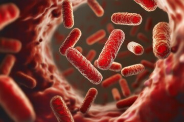 Fototapeta premium Microscopic red bacteria swirling through a biological tunnel, highlighting their detailed textures and integral role in the microscopic ecosystem of life.
