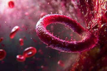 An abstract representation of a textured, circular red object suspended among flowing elements, conveying a sense of energy and biological complexity.