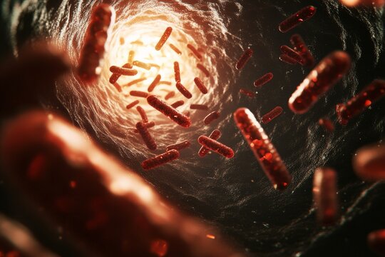 This image captures a swarm of bacteria swirling in a tubular formation, symbolizing the unseen complexities and intensity of microscopic life forms vibrant and dynamic. - Powered by Adobe