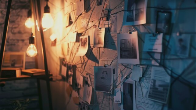 Softly glowing bulbs illuminate a mystery board with pinned photos, notes, and threads connecting clues in a dimly lit detective setting.