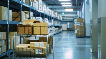 Obraz premium Neatly stacked boxes organized on shelves in a spacious warehouse, with a trolley full of packages in the foreground, under cool fluorescent lighting.