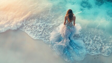 A woman in an elegant mermaid dress standing by the shore at sunset, gazing at the ocean waves rolling in