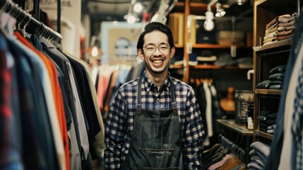 A friendly shopkeeper in a bustling clothing store, surrounded by vibrant fabrics, offers a warm smile and welcoming presence.
