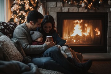 A warm and cozy family gathers around a warmly glowing fireplace, savoring togetherness and festive joy, set against a beautifully decorated seasonal backdrop.