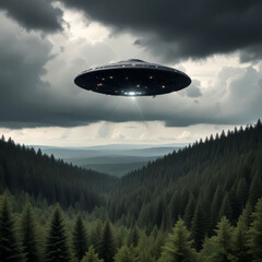 Fototapeta premium Realistic image of a flying unidentified object over a gray forest