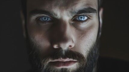 A man with bright blue eyes and a contemplative expression, capturing intensity and emotional depth.