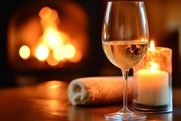 A cozy setup with a glass of white wine next to flickering candles and a soft towel, set against the backdrop of a warmly lit fireplace.