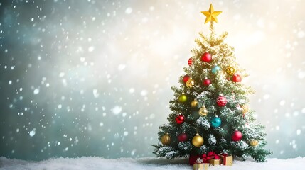Fototapeta premium Decorated Christmas Tree with Snow and Presents