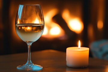 A wine glass filled with white wine sits beside a lit candle, the reflected glow of the crackling fireplace casting a cozy warmth throughout the scene.