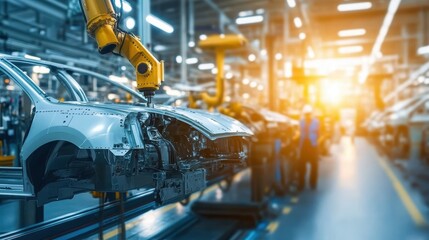 A robotic arm works on vehicle parts in a busy manufacturing plant as daylight fades