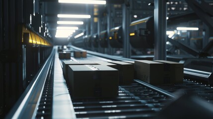 Fototapeta premium A high-tech warehouse conveyor system efficiently moves packages under bright industrial lighting, highlighting mechanical precision and modern logistics.