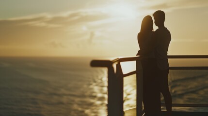 A couple stands on a deck, silhouetted by a golden sunset over the vast ocean, embodying love and serenity.