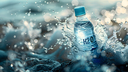 A plastic water bottle labeled H2O floats amid splashing ocean waves. The bright sunlight reflecting off the water adds a refreshing and vibrant feel, highlighting themes of hydration and purity