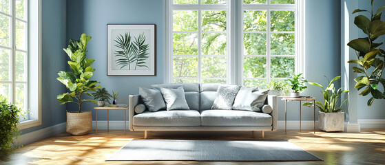 Cozy living room with soft blue walls, featuring comfortable sofa, lush plants, and large windows that let in natural light, creating serene atmosphere