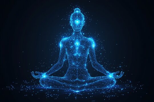 A glowing blue digital representation of a woman meditating in the lotus position.