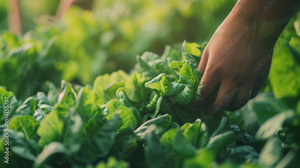 Poster Hand reaches out in a sea of vibrant greens, amidst a thriving garden, celebrating the essence of growth and sustenance.