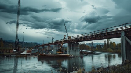 Fototapeta premium Against a stormy sky, a bridge construction site thrives with cranes and workers, reflecting industry and resilience amid turbulent weather.