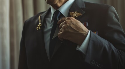 A close-up of a man in a dark suit adjusting his tie, decorated with military pins, exuding a sense of pride and authority.