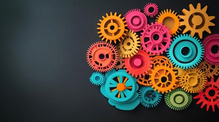 Colorful gears in various sizes create a dynamic pattern against a dark background, symbolizing innovation and creativity.