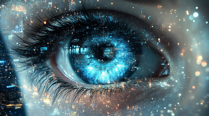 abstract visual of a young woman's eye, symbolizing perception and insight, intertwined with digital elements, representing future technology and the merging of humanity with innovation