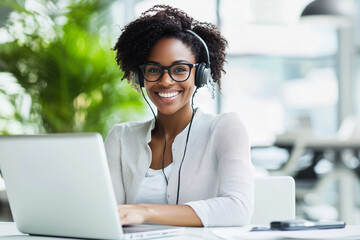 A woman working remotely on her laptop, wearing a headset with a microphone, during a virtual video team meeting. This image is perfect for illustrating remote work inclusive and flexible work culture