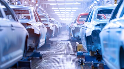 Rows of newly painted car bodies stand under industrial lights, reflecting the precision and scale of modern automotive manufacturing.
