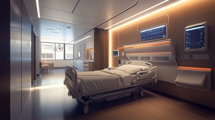 Fototapeta premium Illustration of a sleek hospital room equipped with advanced medical technology, a comfortable bed, and thoughtful design for patient well-being