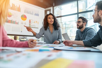 A diverse group of employees gathered around a table in an office setting for a team meeting.This image is ideal for illustrating collaboration, inclusivity, and teamwork in a professional environment