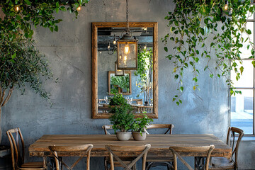 Obraz premium beautifully designed dining space featuring natural wood table surrounded by greenery and elegant decor. warm ambiance is enhanced by mirror reflecting inviting atmosphere