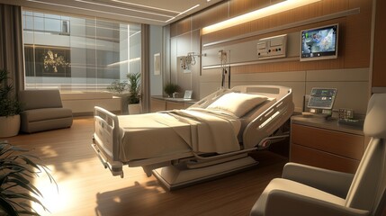 Interior of a contemporary hospital room with a state-of-the-art patient bed, high-tech medical equipment, and calming decor, promoting patient comfort