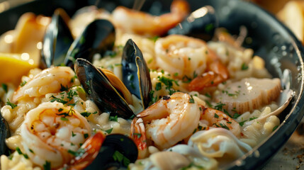 Classic Risotto ai Frutti di Mare: creamy seafood risotto with shrimp, scallops, mussels, and squid, finished with white wine and parsley.