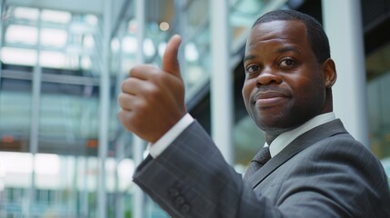 Fototapeta premium A confident man in a suit offers a thumbs-up in a bright, modern office, symbolizing approval and success.