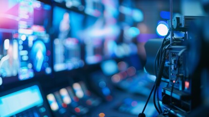 Fototapeta premium Blurred monitors in a dimly lit control room hint at the high-tech, high-pressure environment of modern media production.