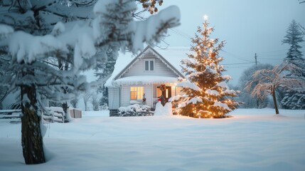 A snowy scene showcases a cozy cottage adorned with warm lights, surrounded by snow-laden trees and a beautifully lit Christmas tree.