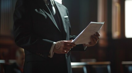 A poised professional holds documents, ready to present in a formal, softly illuminated environment that conveys readiness and confidence.