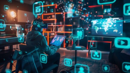 A person explores an augmented reality interface, blending virtual elements with real-world surroundings, showcasing digital transformation.